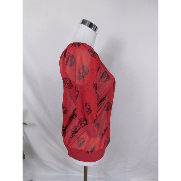 Red Semi-Sheer Skull Print Blouse Womens S Back Zipper & 3/4 Sleeves - Picture 11 of 12